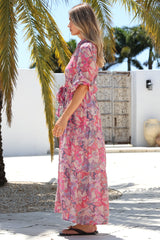 Jenni Maxi Dress - Frill Collar 3/4 Sleeve Dress with Waist Tie in Hopewell Print Pink