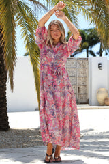 Jenni Maxi Dress - Frill Collar 3/4 Sleeve Dress with Waist Tie in Hopewell Print Pink
