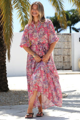 Jenni Maxi Dress - Frill Collar 3/4 Sleeve Dress with Waist Tie in Hopewell Print Pink