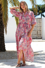Jenni Maxi Dress - Frill Collar 3/4 Sleeve Dress with Waist Tie in Hopewell Print Pink