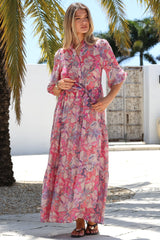 Jenni Maxi Dress - Frill Collar 3/4 Sleeve Dress with Waist Tie in Hopewell Print Pink