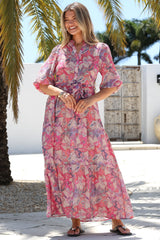Jenni Maxi Dress - Frill Collar 3/4 Sleeve Dress with Waist Tie in Hopewell Print Pink