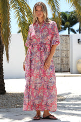 Jenni Maxi Dress - Frill Collar 3/4 Sleeve Dress with Waist Tie in Hopewell Print Pink