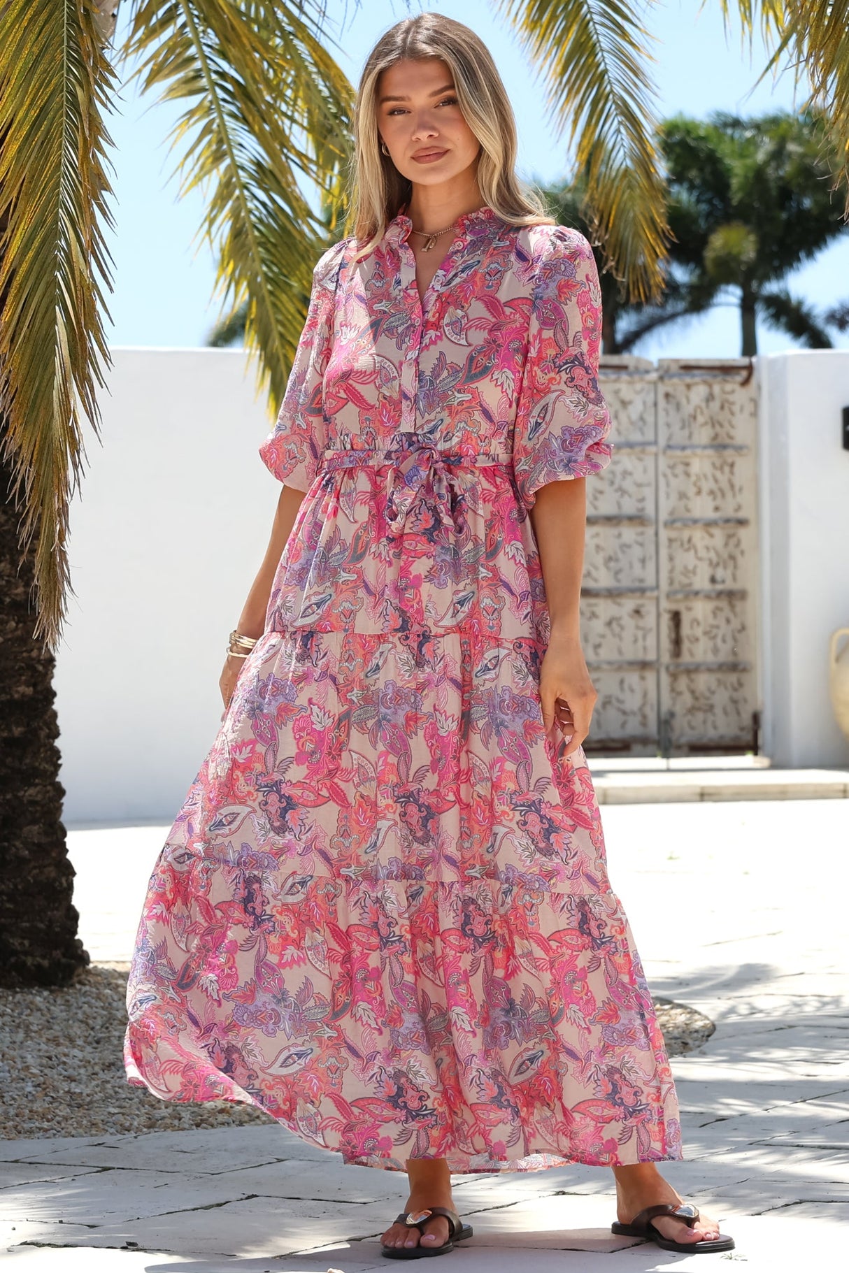 Jenni Maxi Dress - Frill Collar 3/4 Sleeve Dress with Waist Tie in Hopewell Print Pink