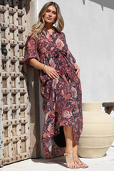 Jenni Maxi Dress - Frill Collar 3/4 Sleeve Dress with Waist Tie in Narah Print