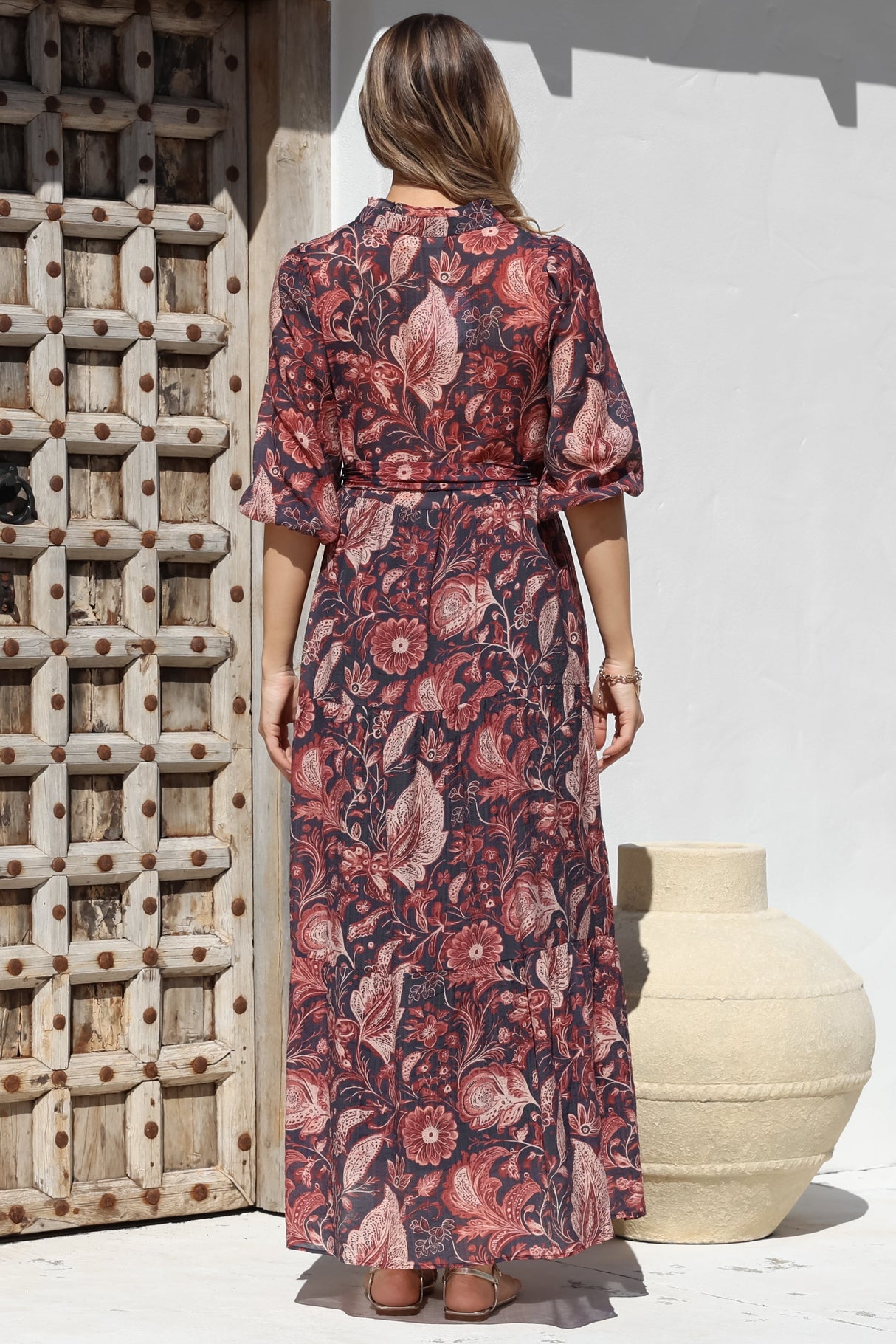 Jenni Maxi Dress - Frill Collar 3/4 Sleeve Dress with Waist Tie in Narah Print