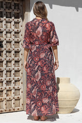 Jenni Maxi Dress - Frill Collar 3/4 Sleeve Dress with Waist Tie in Narah Print