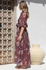 Jenni Maxi Dress - Frill Collar 3/4 Sleeve Dress with Waist Tie in Narah Print