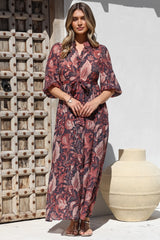 Jenni Maxi Dress - Frill Collar 3/4 Sleeve Dress with Waist Tie in Narah Print