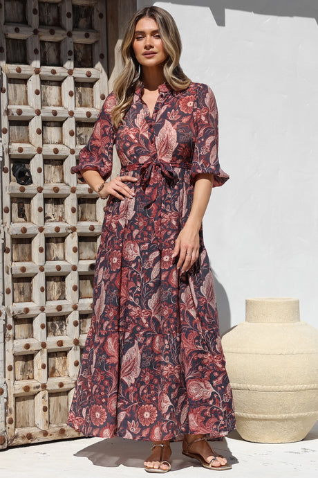 Jenni Maxi Dress - Frill Collar 3/4 Sleeve Dress with Waist Tie in Narah Print