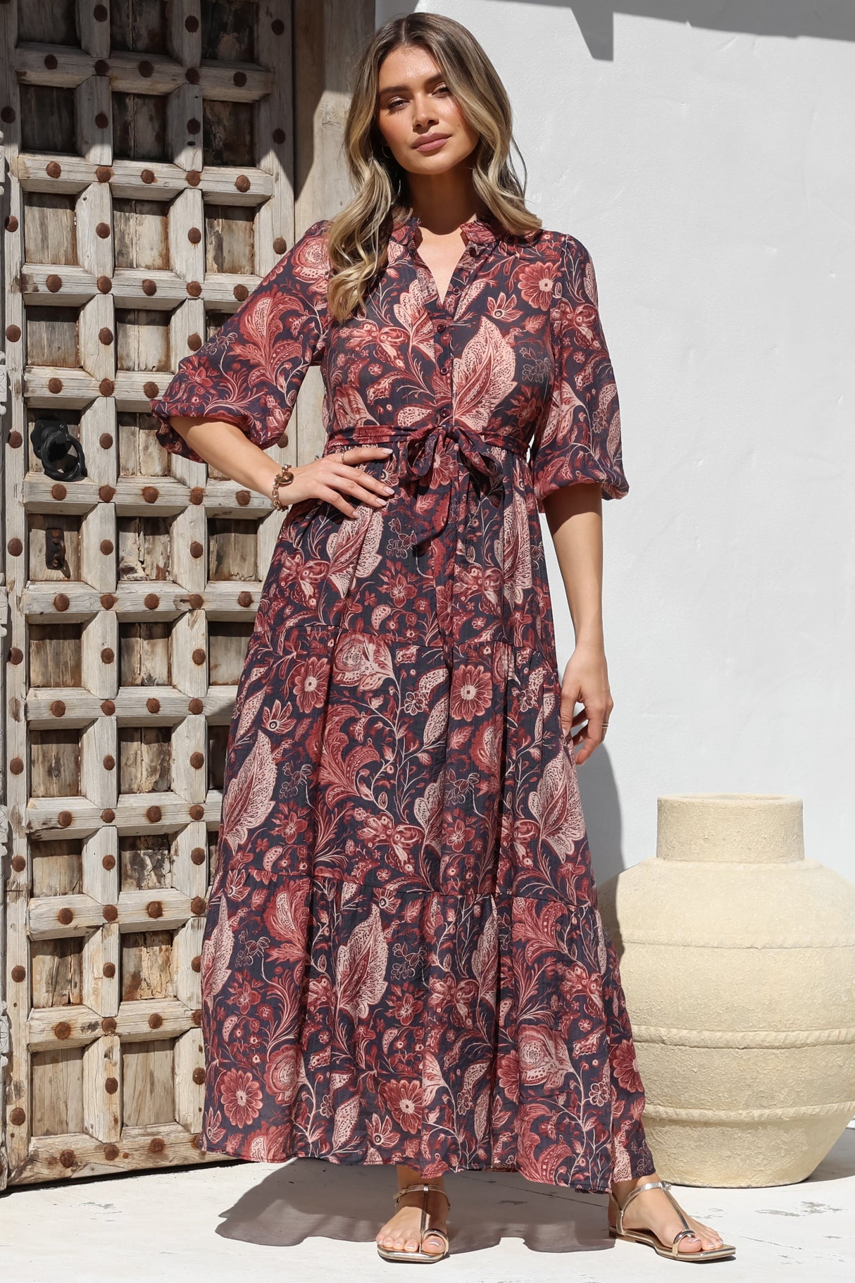 Jenni Maxi Dress - Frill Collar 3/4 Sleeve Dress with Waist Tie in Narah Print