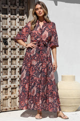 Jenni Maxi Dress - Frill Collar 3/4 Sleeve Dress with Waist Tie in Narah Print