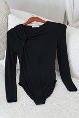 Jessica Bodysuit - Asymmetric Tie Knot Neckline and Push Button Closure in Black