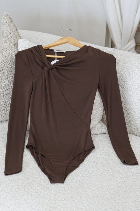 Jessica Bodysuit - Asymmetric Tie Knot Neckline and Push Button Closure in Chocolate