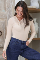 Jessica Bodysuit - Asymmetric Tie Knot Neckline and Push Button Closure in Cream