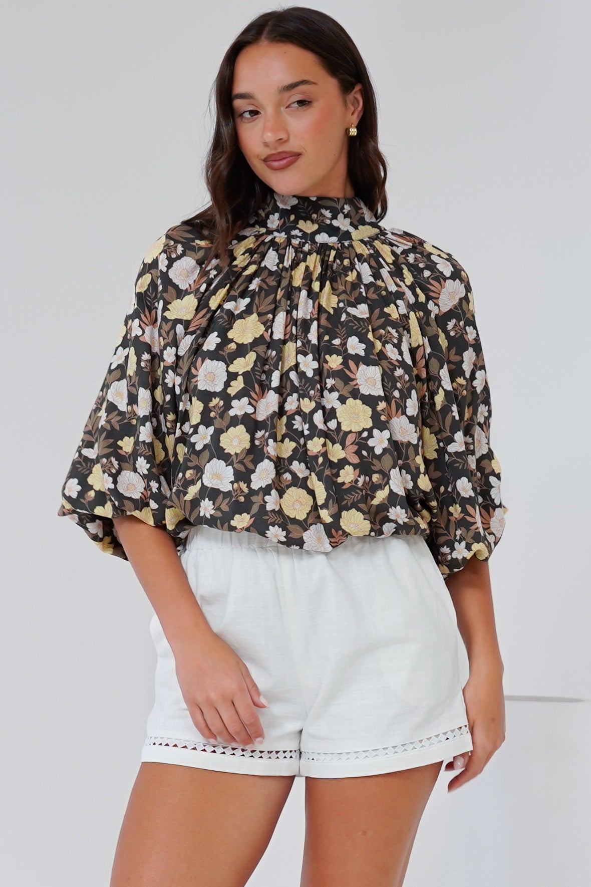 Jia Top - High Neck Long Sleeve Top with Tie at Back in Shiloh Print
