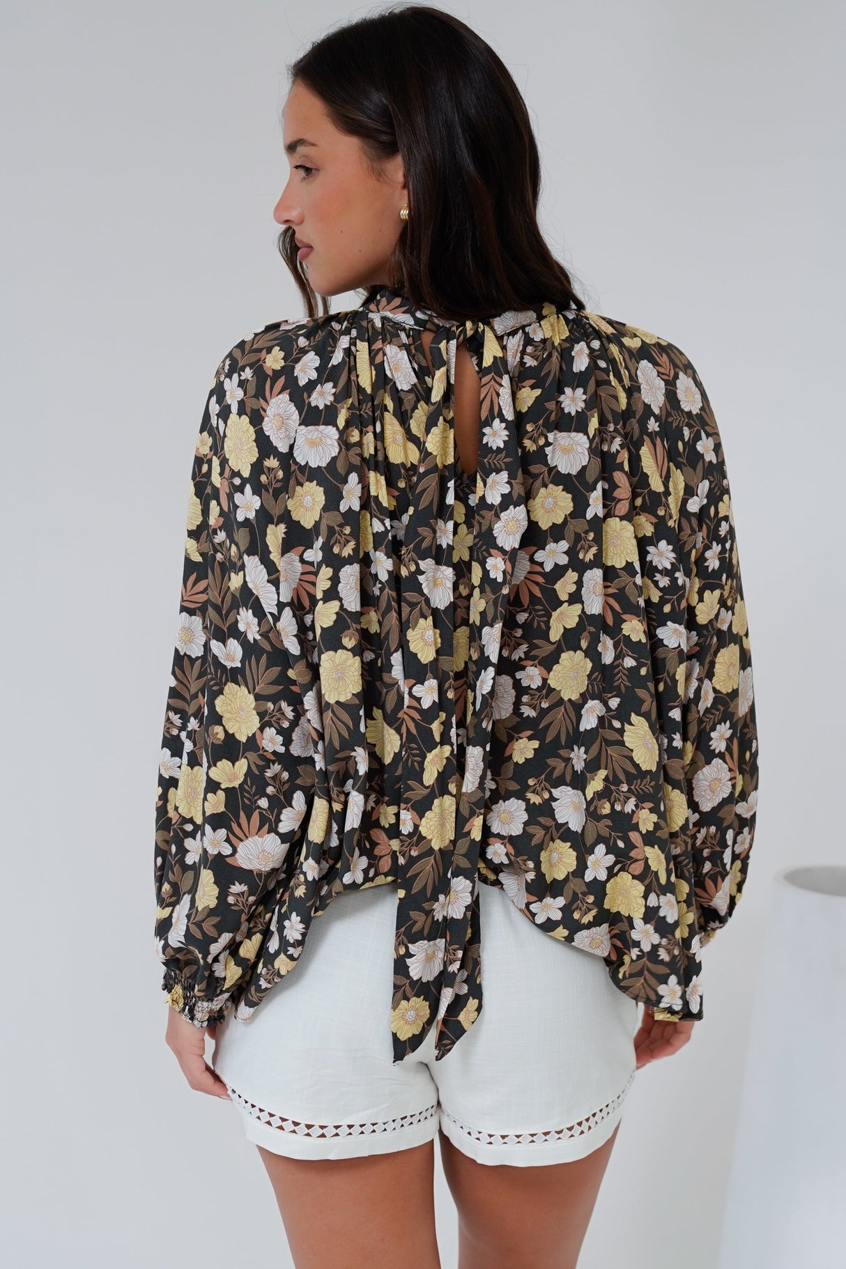 Jia Top - High Neck Long Sleeve Top with Tie at Back in Shiloh Print