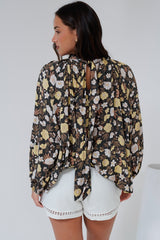 Jia Top - High Neck Long Sleeve Top with Tie at Back in Shiloh Print