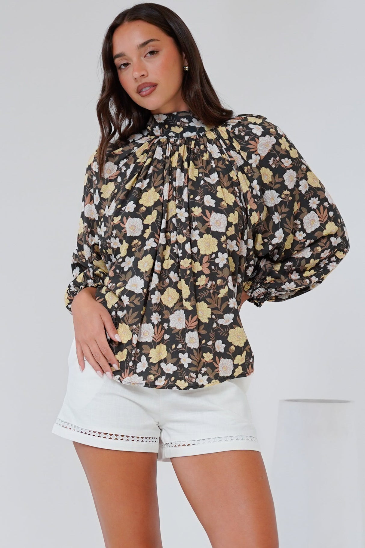 Jia Top - High Neck Long Sleeve Top with Tie at Back in Shiloh Print