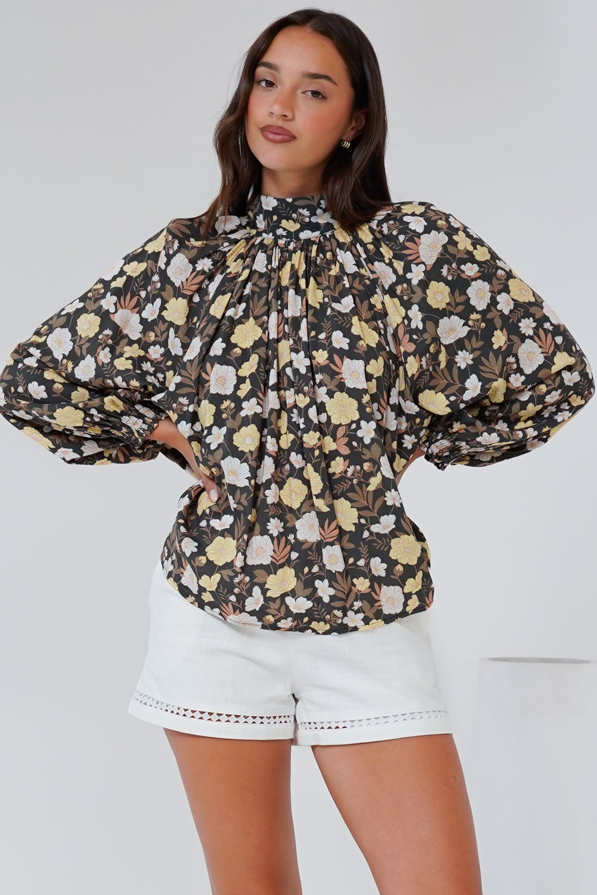 Jia Top - High Neck Long Sleeve Top with Tie at Back in Shiloh Print