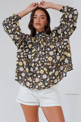 Jia Top - High Neck Long Sleeve Top with Tie at Back in Shiloh Print