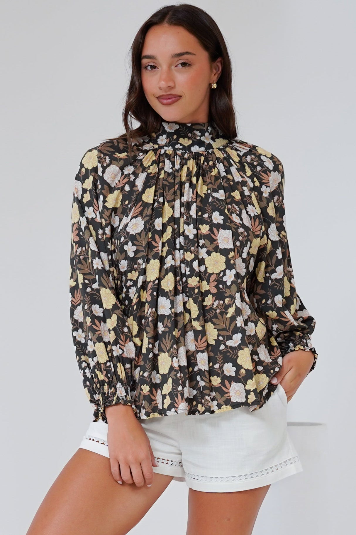 Jia Top - High Neck Long Sleeve Top with Tie at Back in Shiloh Print