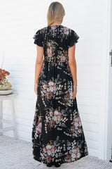 Jillian Maxi Dress - V Neck Smocked Shirred Bodice A Line Dress with Cap Flutter Sleeves in Karyna Print