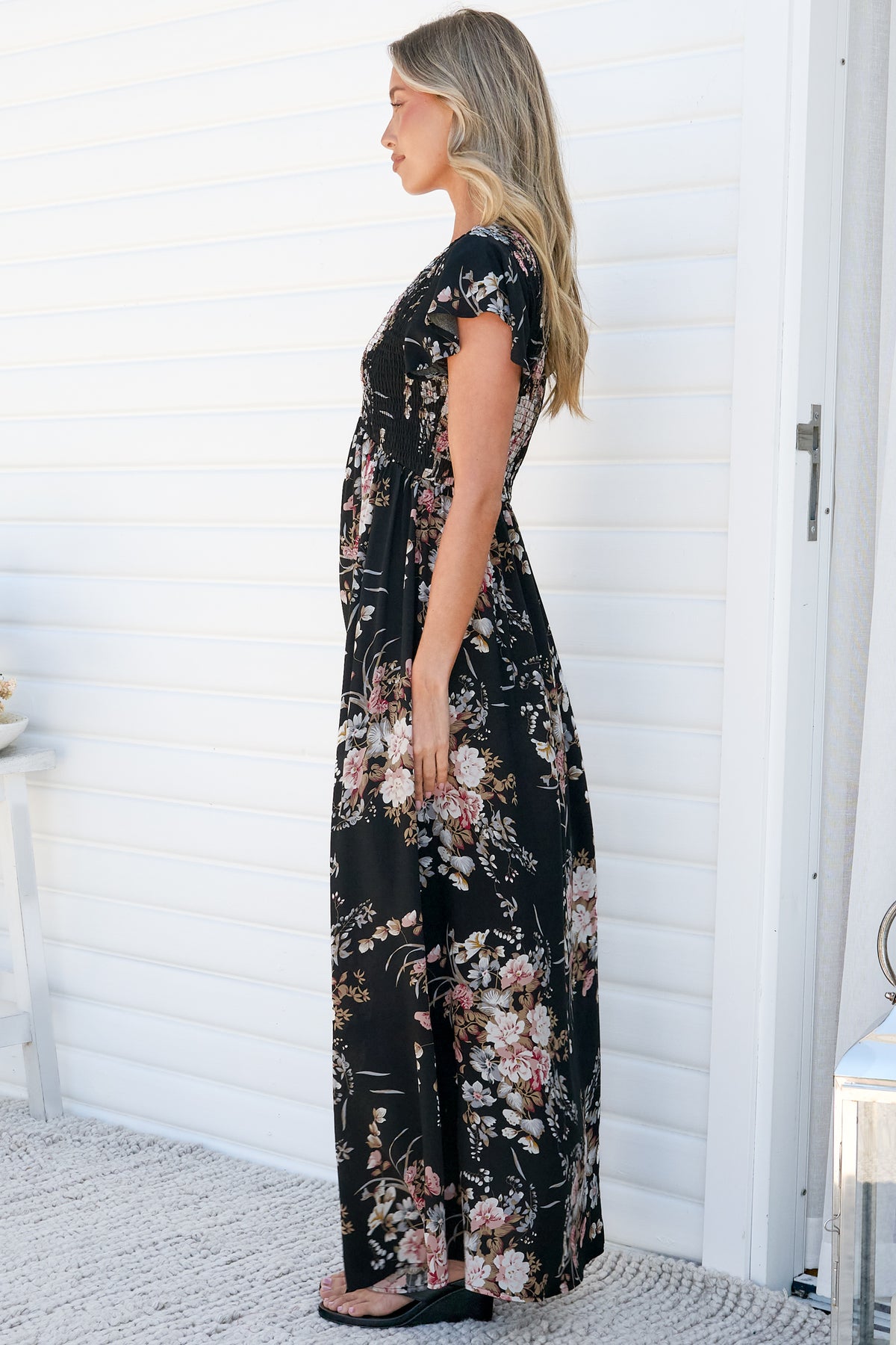 Jillian Maxi Dress - V Neck Smocked Shirred Bodice A Line Dress with Cap Flutter Sleeves in Karyna Print