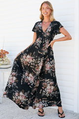 Jillian Maxi Dress - V Neck Smocked Shirred Bodice A Line Dress with Cap Flutter Sleeves in Karyna Print