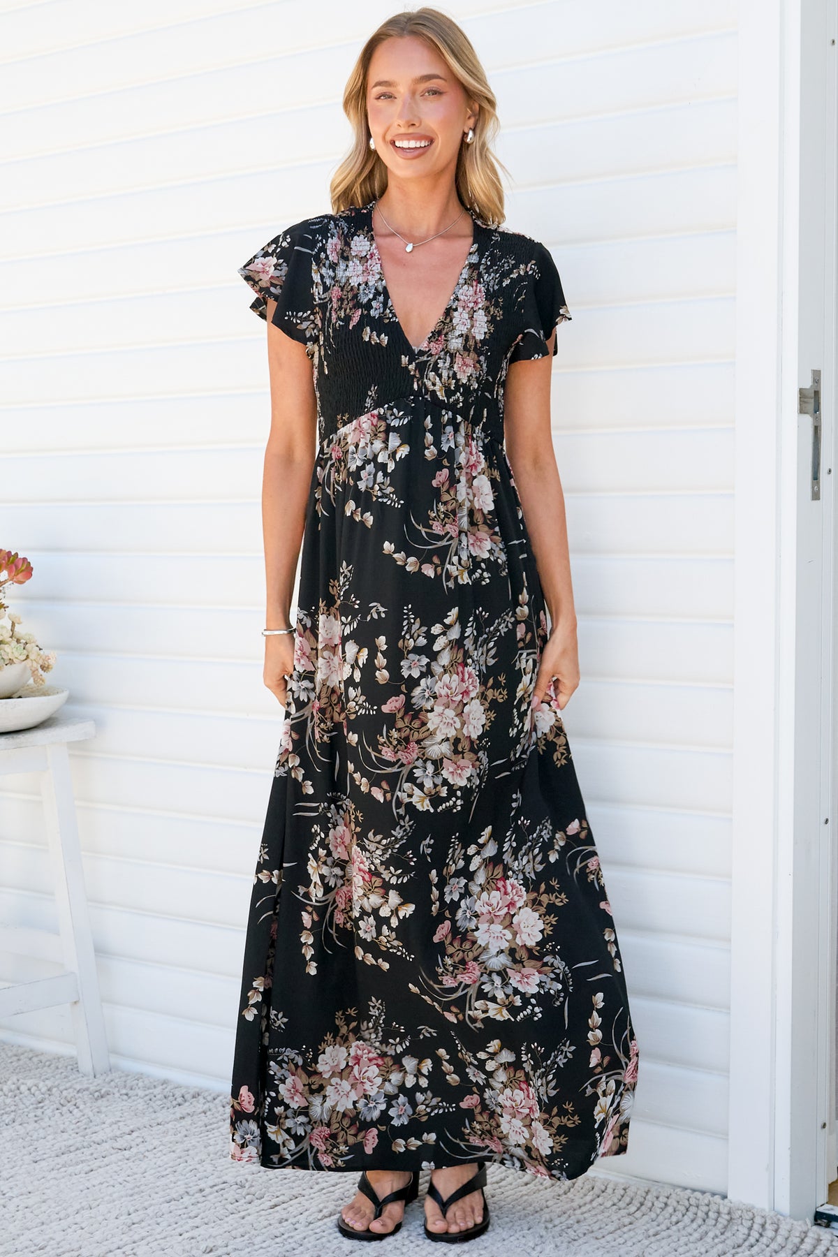 Jillian Maxi Dress - V Neck Smocked Shirred Bodice A Line Dress with Cap Flutter Sleeves in Karyna Print