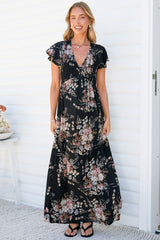 Jillian Maxi Dress - V Neck Smocked Shirred Bodice A Line Dress with Cap Flutter Sleeves in Karyna Print