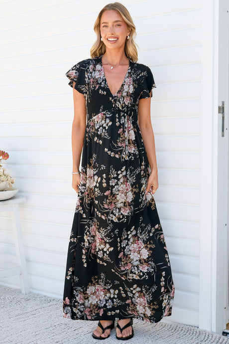 Jillian Maxi Dress - V Neck Smocked Shirred Bodice A Line Dress with Cap Flutter Sleeves in Karyna Print