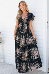 Jillian Maxi Dress - V Neck Smocked Shirred Bodice A Line Dress with Cap Flutter Sleeves in Karyna Print