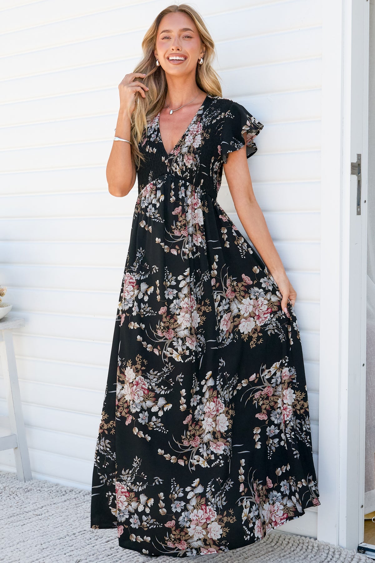 Jillian Maxi Dress - V Neck Smocked Shirred Bodice A Line Dress with Cap Flutter Sleeves in Karyna Print
