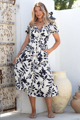 Jillie Midi Dress - V Neck Button Down Dress with Pockets in Avaria Print
