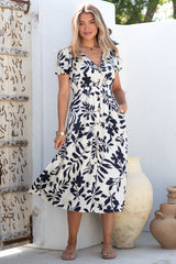 Jillie Midi Dress - V Neck Button Down Dress with Pockets in Avaria Print