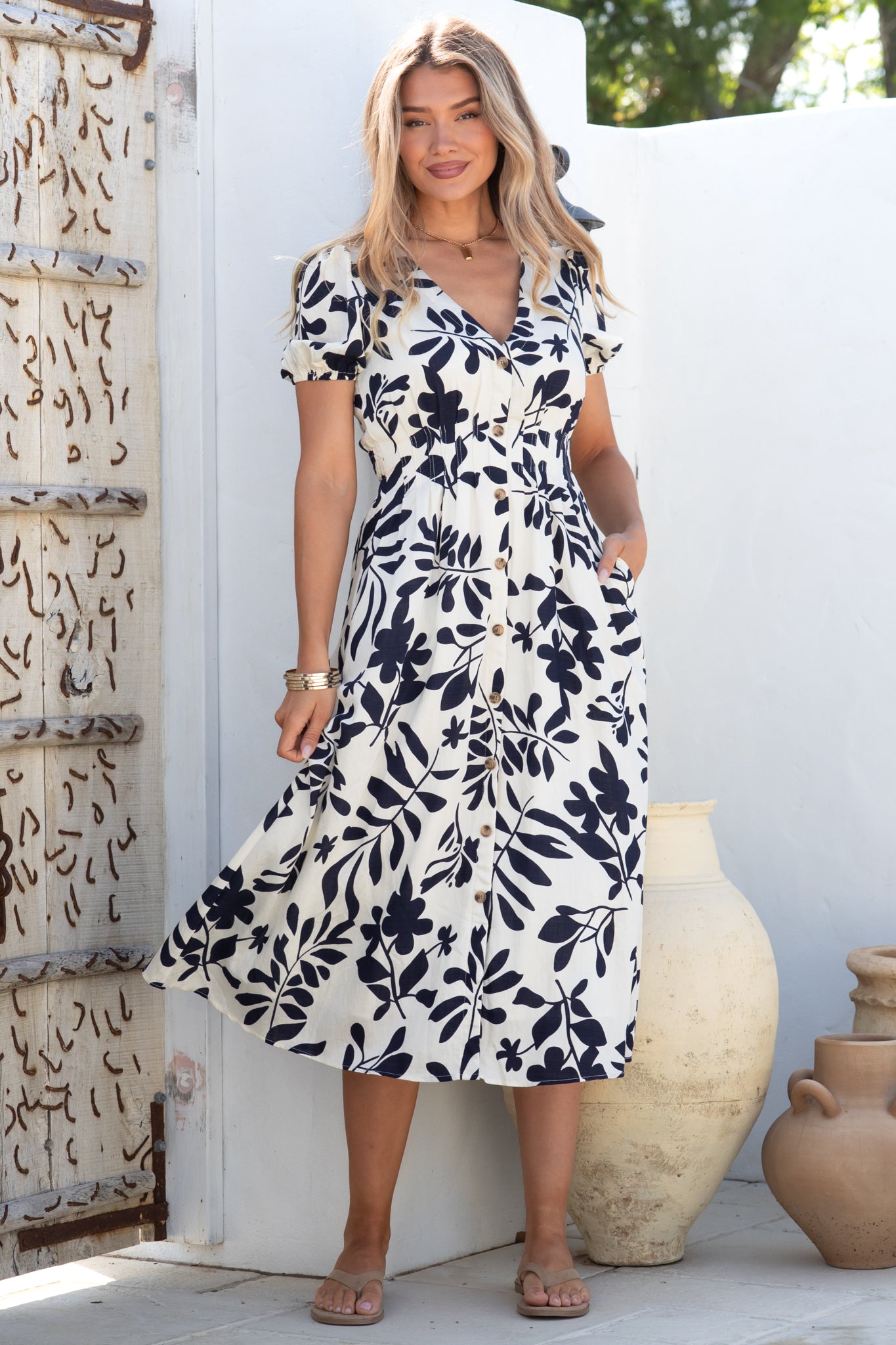 Jillie Midi Dress V Neck Button Down Dress Pockets Avaria Print