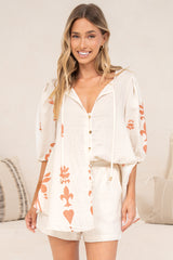 Joan Blouse - Tie-front Button Down Blouse with Balloon Sleeves in Serenoa Print