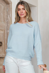 Model wearing Joanne Knit Top in Baby Blue from Salty Crush