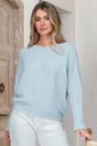 Model wearing Joanne Knit Top in Baby Blue from Salty Crush