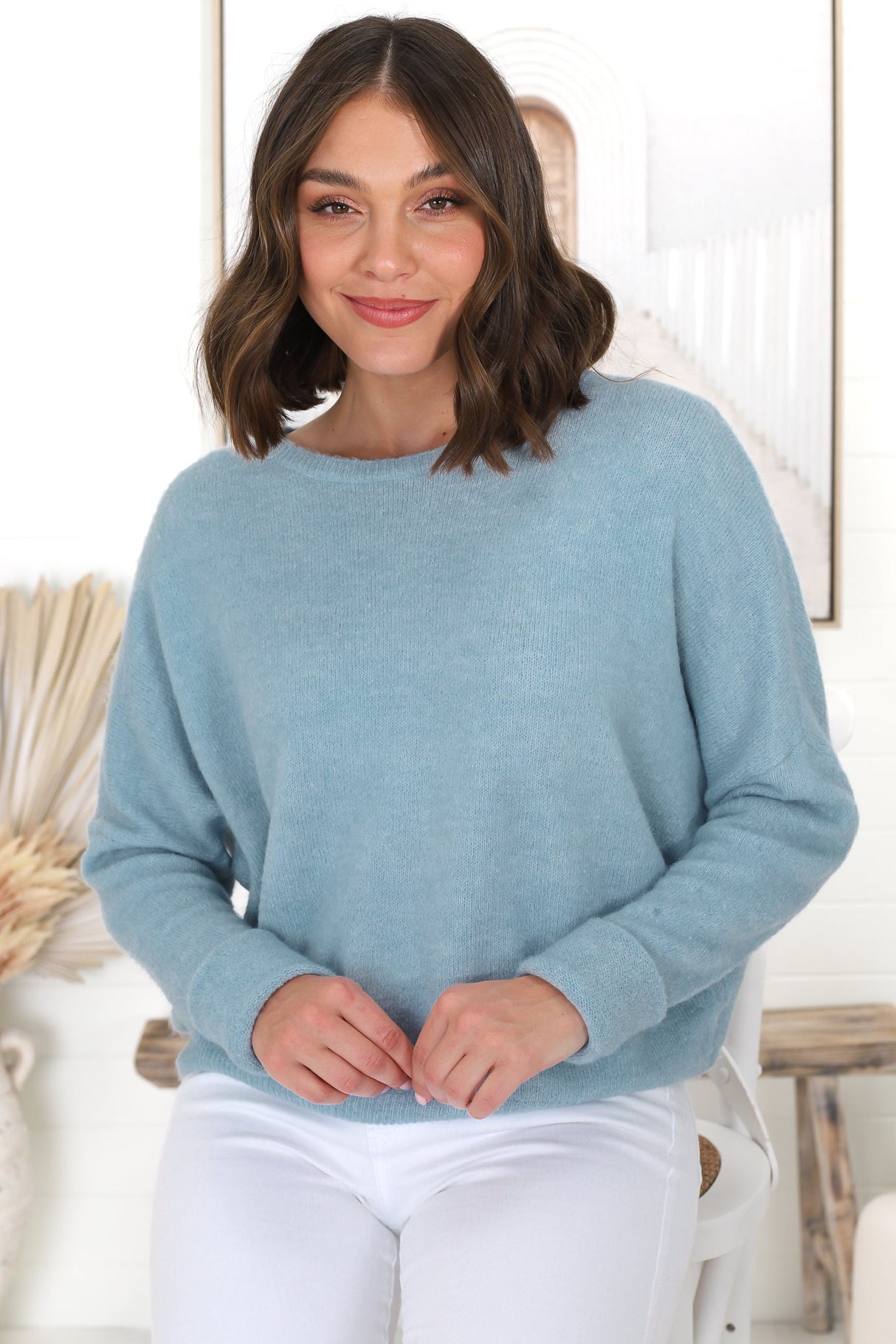 Joanne Knit Top - Crew Neckline Bat Wing Long Sleeve Top in Water Blue