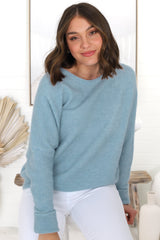 Joanne Knit Top - Crew Neckline Bat Wing Long Sleeve Top in Water Blue