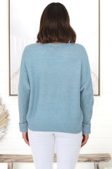 Joanne Knit Top - Crew Neckline Bat Wing Long Sleeve Top in Water Blue