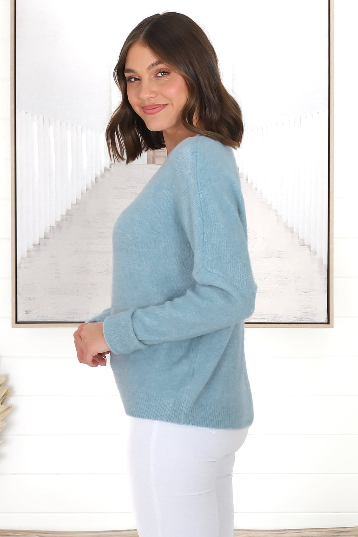 Joanne Knit Top - Crew Neckline Bat Wing Long Sleeve Top in Water Blue