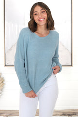 Joanne Knit Top - Crew Neckline Bat Wing Long Sleeve Top in Water Blue