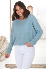 Joanne Knit Top - Crew Neckline Bat Wing Long Sleeve Top in Water Blue
