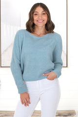 Joanne Knit Top - Crew Neckline Bat Wing Long Sleeve Top in Water Blue