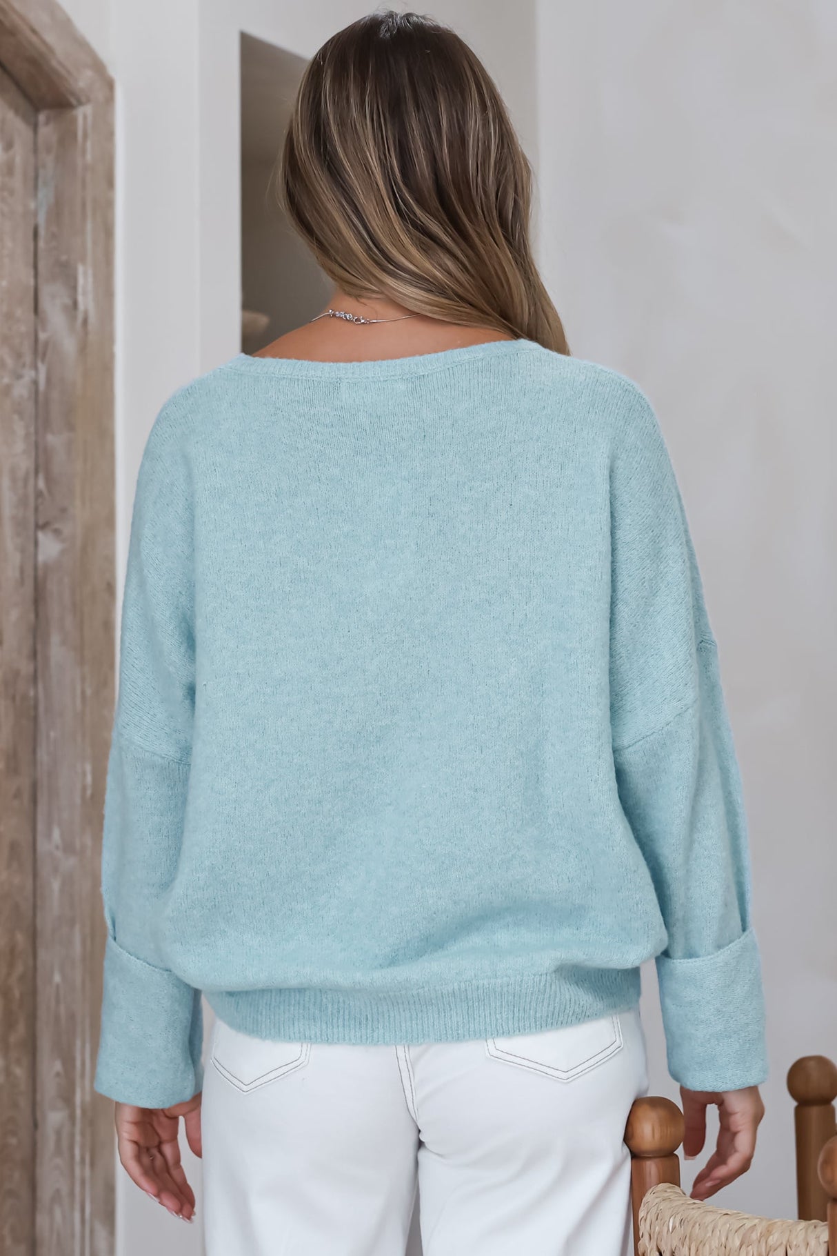 Joanne Knit Top - Crew Neckline Bat Wing Long Sleeve Top in Blue