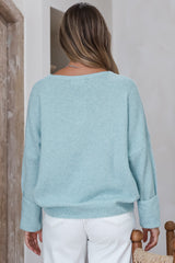 Joanne Knit Top - Crew Neckline Bat Wing Long Sleeve Top in Blue