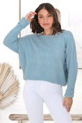 Joanne Knit Top - Crew Neckline Bat Wing Long Sleeve Top in Water Blue